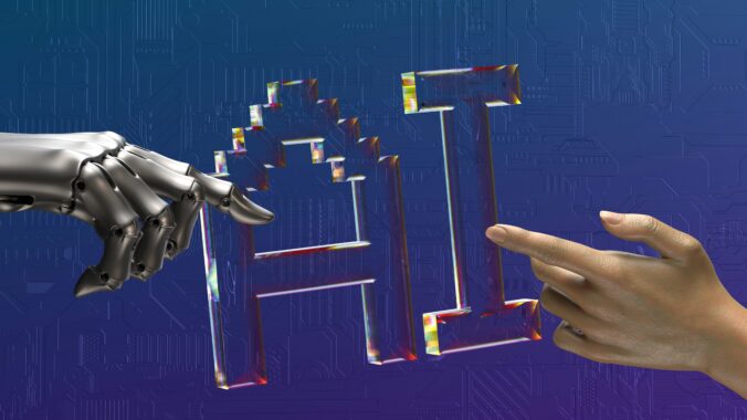 robot and hand touhing letters AI