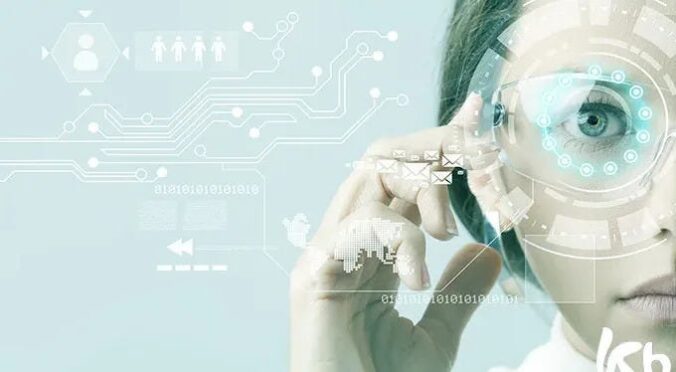 Person wearing smart glasses with holographic interface, symbolizing emerging technology.