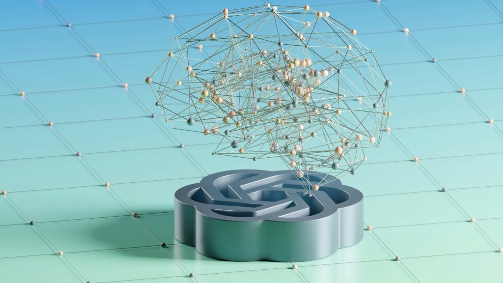 3D OpenAI logo on a tiled teal surface with an abstract wireframe brain made of connected spheres floating above it.
